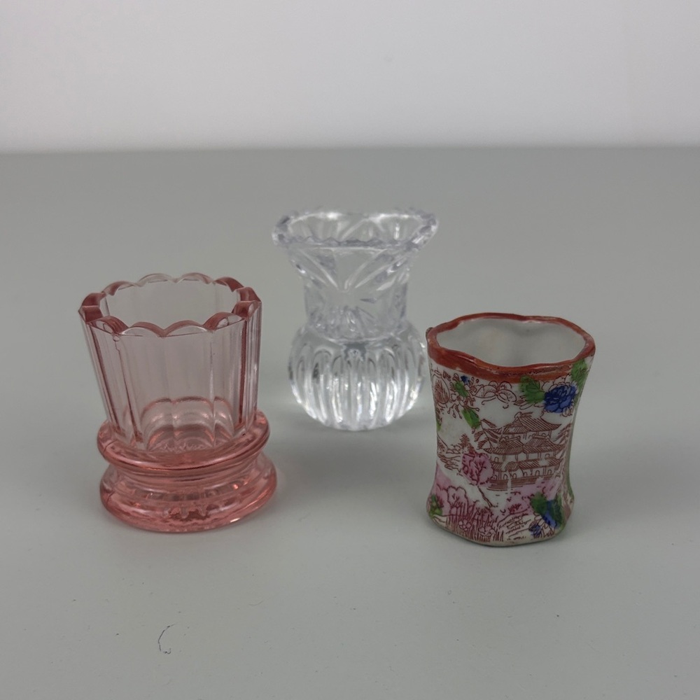 Vintage Pink Depression Glass, Clear Glass and Ceramic Toothpick Holders
